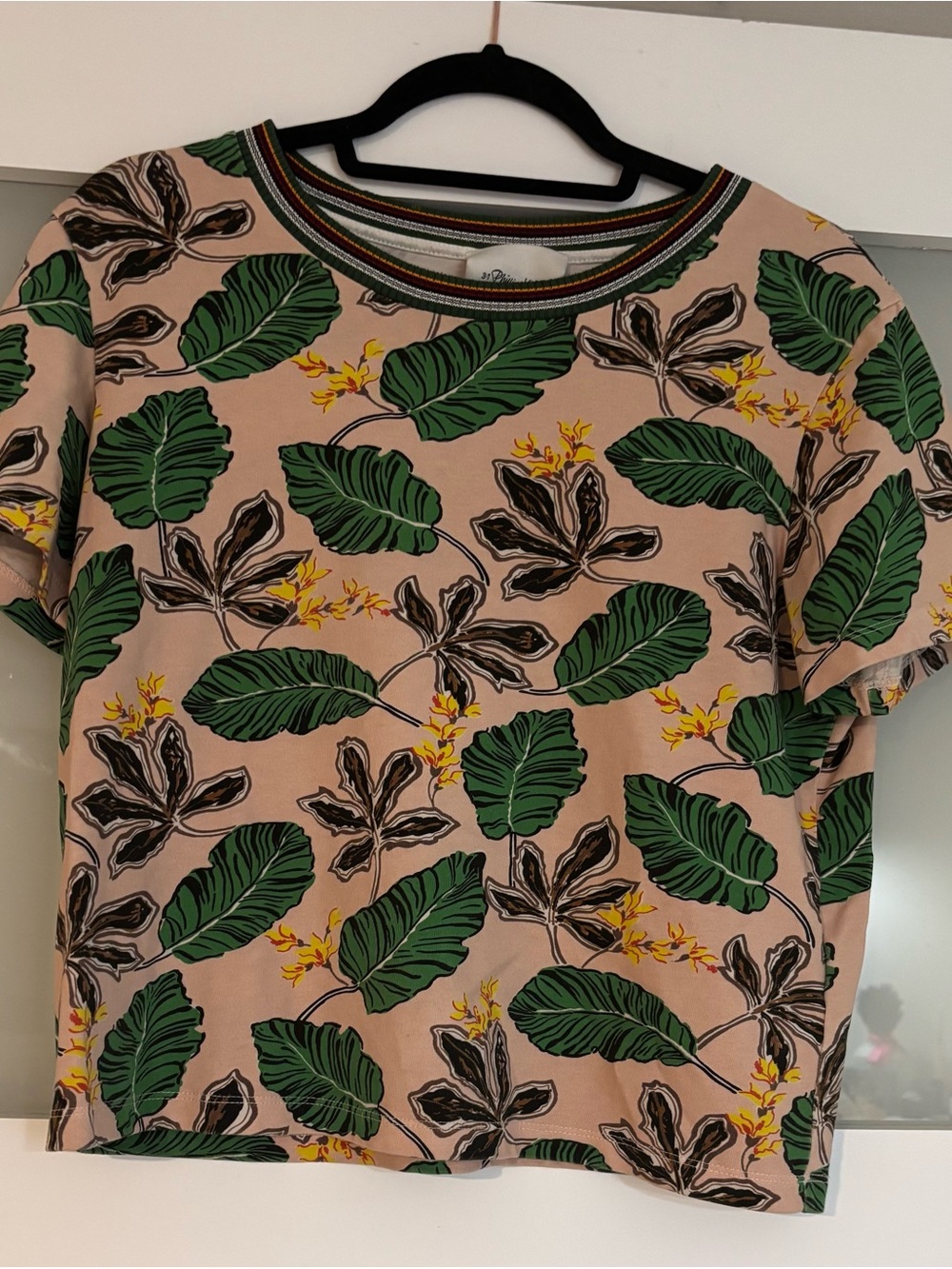 3.1 Phillip Lim Beige Short Sleeve Top with Green Leaf Print